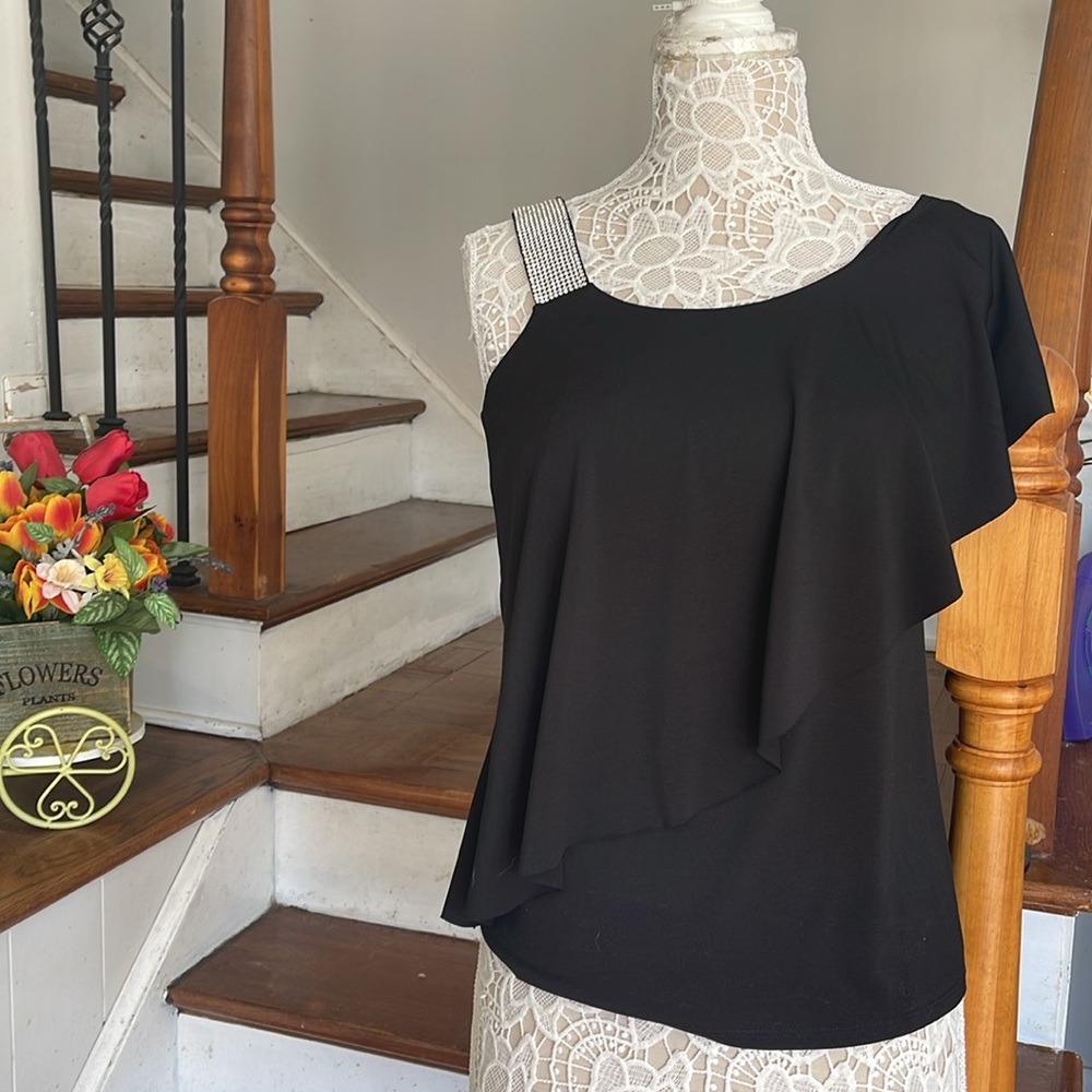 NWOT Beldini black rhinestone shoulde strap top